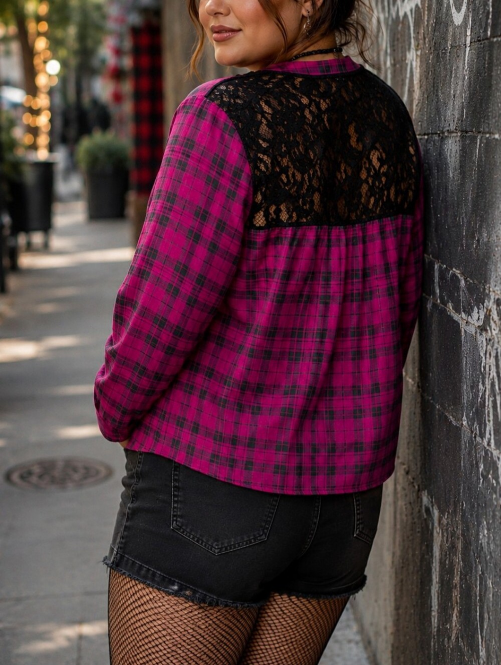 Jessica Fuchsia Pink Plaid Lace Back Button Front Blouse Y2K Grunge